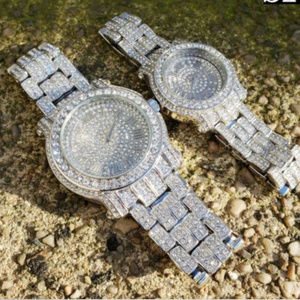 Couples White Gold PT Iced Out Matching Watch Set